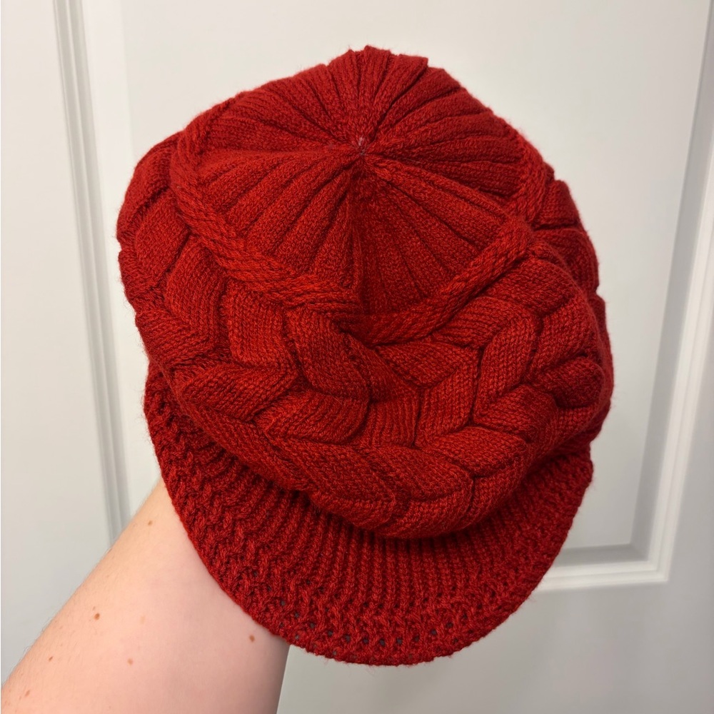 Red Fleece-Lined Cable Knit Visor Beanie